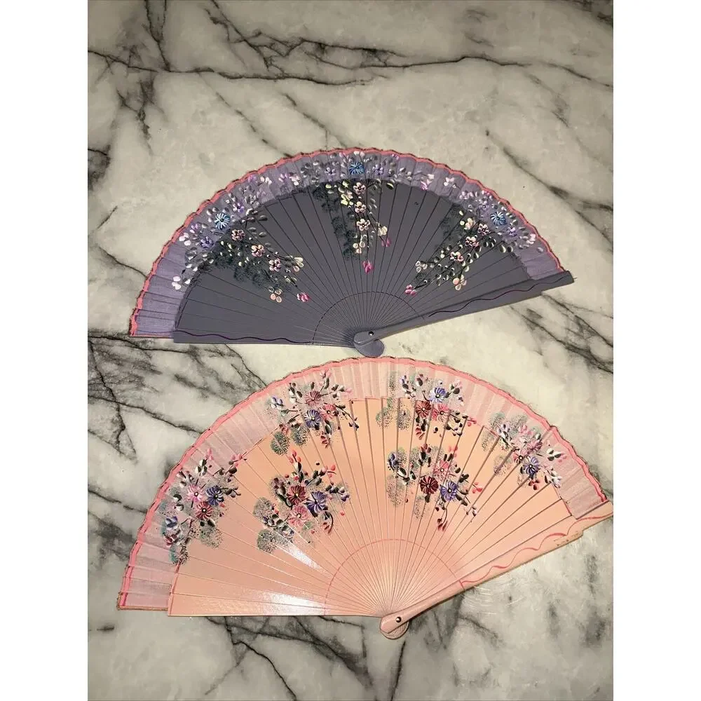2 Vintage‎ Handpainted Wooden Foldable Hand Fans Pink Purple Flowers 17x9 Asian
